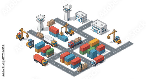 Isometric vector illustration depicting a detailed military logistics base complex, showcasing military warehouses and vehicles with soldier characters and icon designs, set against a clean