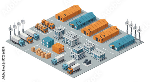 Isometric vector illustration depicts a detailed military logistics base complex with various military warehouses and vehicles, along with soldier characters and icons, presented