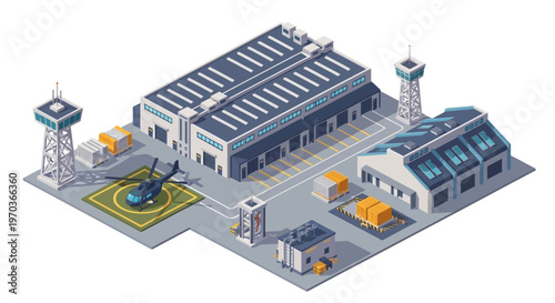 Isometric vector illustration showing a detailed military logistics base complex with soldiers near warehouses and vehicles, rendered as a flat design icon against a clean white background