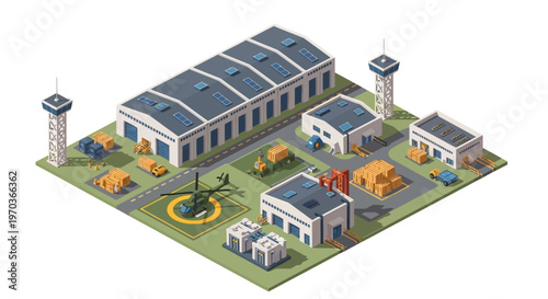 Isometric vector illustration of a military logistics base featuring warehouses, vehicles, and personnel, designed as a character-driven icon with detailed architectural elements, and set