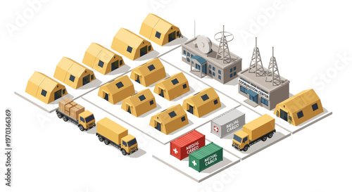 Isometric vector illustration showcasing a military logistics base complex, complete with warehouses, vehicles, and personnel, set against a clean white background, rendered in a detailed