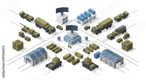 Isometric vector illustration displaying a military logistics base complex, complete with soldiers, military vehicles, warehouses, and icons, set against a stark white background