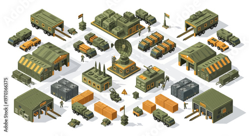 Isometric vector illustration depicting a detailed military logistics base complex, complete with miniature character icons, military vehicles, and warehouses, presented in a clean, modern