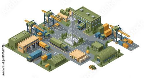Isometric vector illustration of a military logistics base complex, showcasing various military warehouses, vehicles, and soldier characters within a detailed icon design, presented