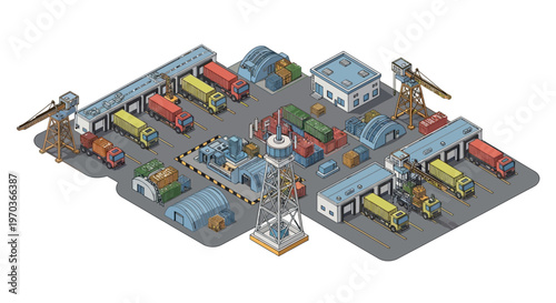 Isometric illustration of a military logistics base showcasing soldiers and vehicles, with character icons arranged around military warehouses, all rendered in a clean vector design