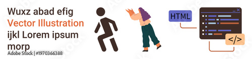 Web development, coding education, programming, UI design, tech illustration, conceptual learning. Human icons next to HTML code snippets. Web development and coding education concept
