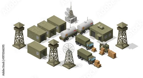 Isometric vector art depicts a military logistics base complex, showcasing uniformed characters and military vehicles around warehouses, all rendered in a clean, detailed design on a white