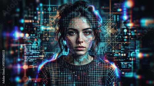 A woman looks directly at the viewer while surrounded by colorful digital patterns