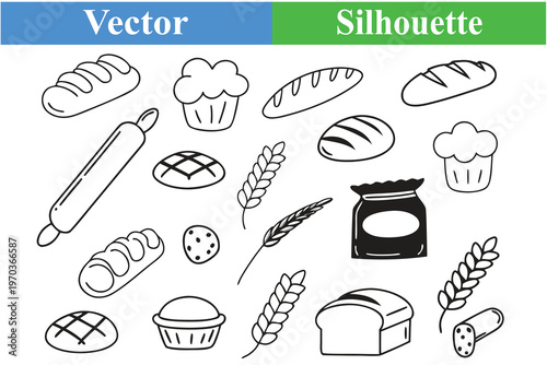 Bakery Silhouette Icon Set Bread Wheat Rolling Pin Cupcake Pastry Vector Collection