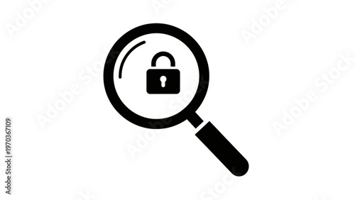 A black silhouette of a magnifying glass over a locked padlock