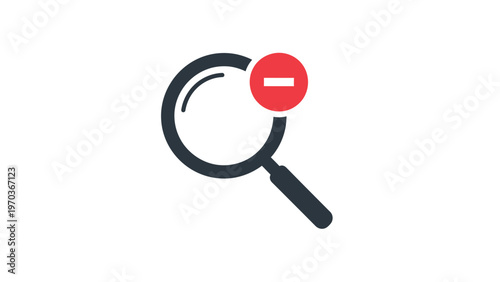 A dark magnifying glass icon with a red circle and minus symbol