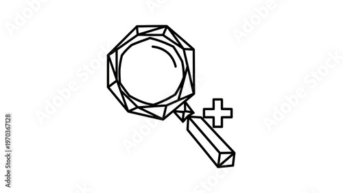 Stylized magnifying glass with a geometric design, paired with a plus symbol
