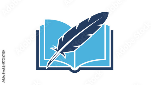 Blue open book with a dark blue feather quill
