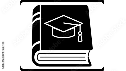 A black icon of a book with a graduation cap on top