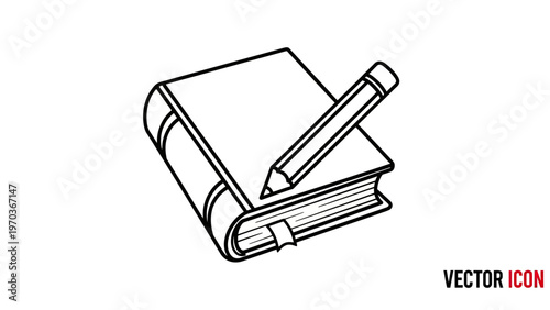 A simple line drawing of an open book with a pencil resting on its pages