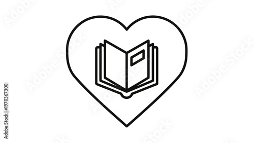 A minimalist outline of an open book within a heart shape