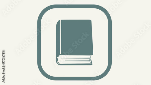 Simplistic, muted teal icon of a closed book within a rounded square frame