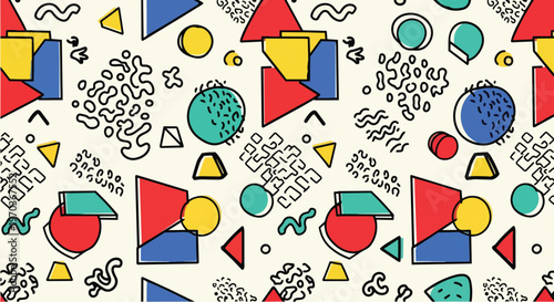 Vibrant geometric shapes and symbols create a lively abstract pattern on a beige background