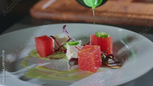 Wallpaper Mural Watermelon and feta cubes topped with jalapeno, microgreens, and olive oil drizzle. Torontodigital.ca