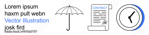 Insurance ideas, legal agreements, time tracking, document safety, contract signing, business tools. Includes umbrella, contract and clock symbols. Insurance and legal agreements concepts