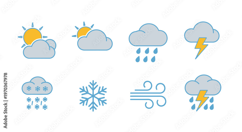 Obraz premium Weather icons set illustrating sun clouds rain snow and wind elements