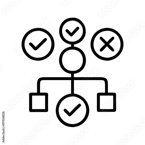 Decision tree icon with checkmarks and cross symbols, logical flowchart for business process, black line vector illustration for project management