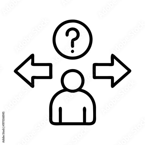 Minimalist decision making icon vector, person choosing between two directions with question mark, business dilemma and career path concept