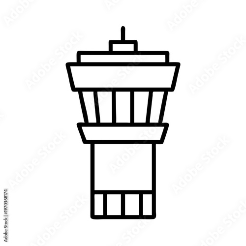 Minimalist airport control tower icon, black line art aviation building vector, air traffic control station symbol for travel and logistics