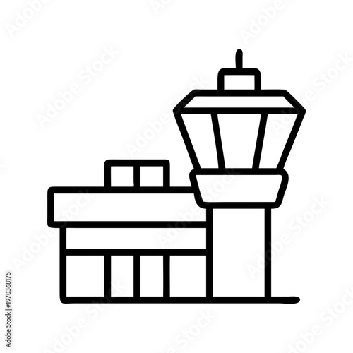 Airport control tower icon, terminal building line art vector, aviation traffic management symbol, minimalist airport infrastructure illustration