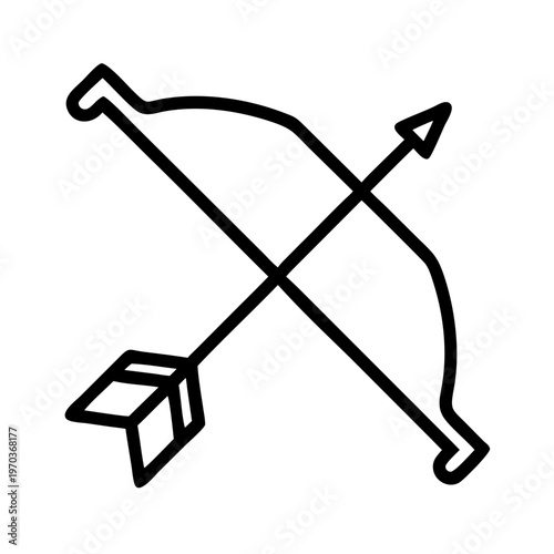 Minimalist bow and arrow vector icon, black outline archery equipment symbol, hunting gear illustration for sports and outdoor recreation