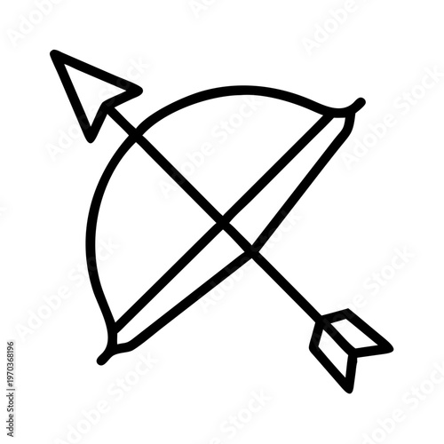 Minimalist bow and arrow vector icon, simple black line art archery symbol, hunting and sport equipment graphic isolated on white background