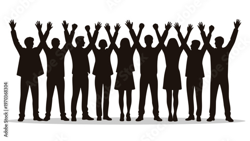 diverse group of business people silhouettes celebrating success with raised hands, team of professional colleagues standing together in unity and achievement, vector silhouettes of crowd celebrating 