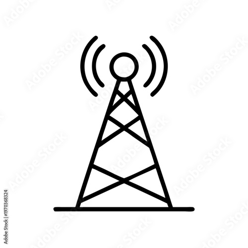 Minimalist radio tower icon vector, telecommunication antenna broadcasting signal waves, wireless network transmitter station line art