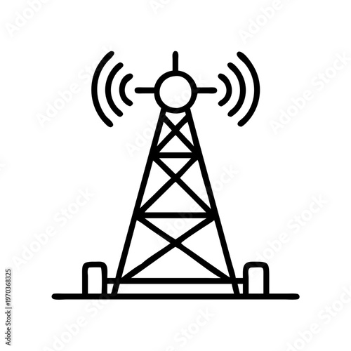 Telecommunication tower line icon vector, radio antenna signal transmitter symbol, cellular network mast broadcasting wireless data waves