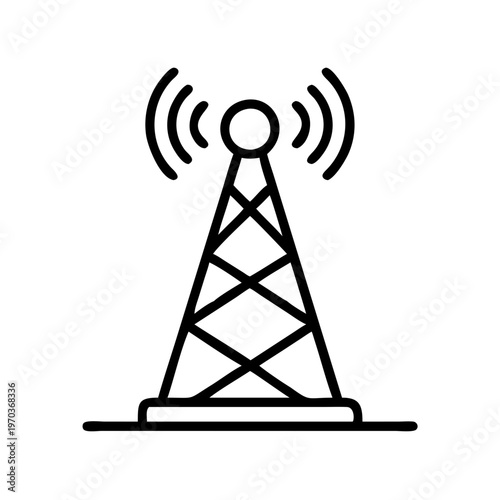 Minimalist radio tower icon vector, telecommunication antenna line art, cellular signal transmitter station, wireless broadcast mast symbol