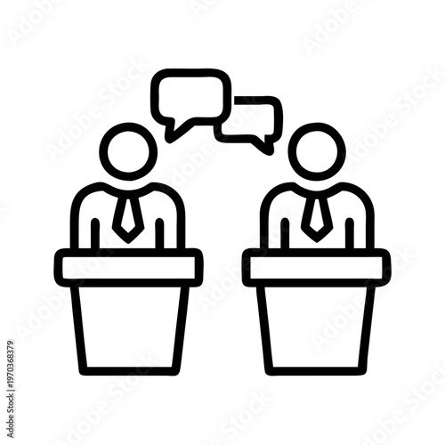 Political debate line icon, public speaking candidates at podiums with speech bubbles, election campaign discussion vector illustration
