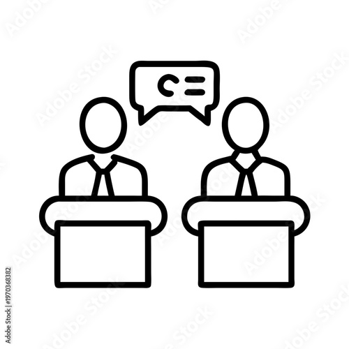Political debate line icon, two candidates speaking at podiums with speech bubble, election campaign and public speaking vector illustration