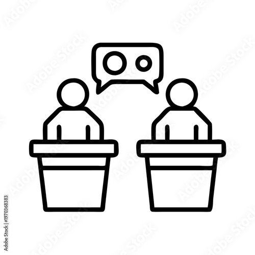 Political debate line icon, public speaking candidates at podiums with speech bubble, election discussion and presentation vector illustration