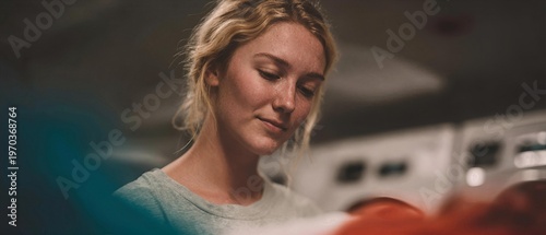 Woman folding freshly laundered clothes in a laundry room with washing machines visible nearby