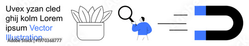 Marketing, business strategy, audience attraction, search insight, growth concepts, branding. Minimalist illustration of magnet, magnifying glass and plant. Business strategy and audience attraction