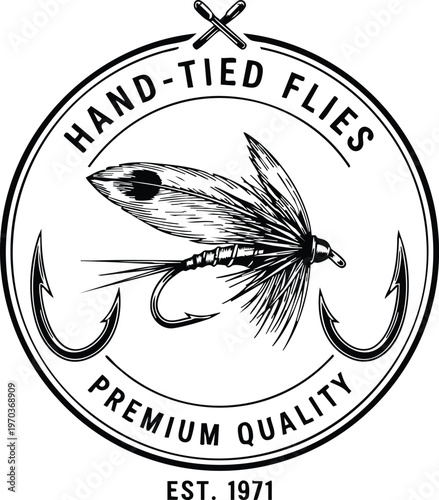 Hand tied flies premium quality fishing lure badge vector