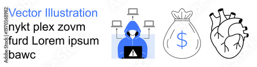 Cybersecurity, financial crime, hacking, online scams, digital threats, human vulnerability. A hacker connected to computers, a money bag and a heart. Cybersecurity and financial crime concept
