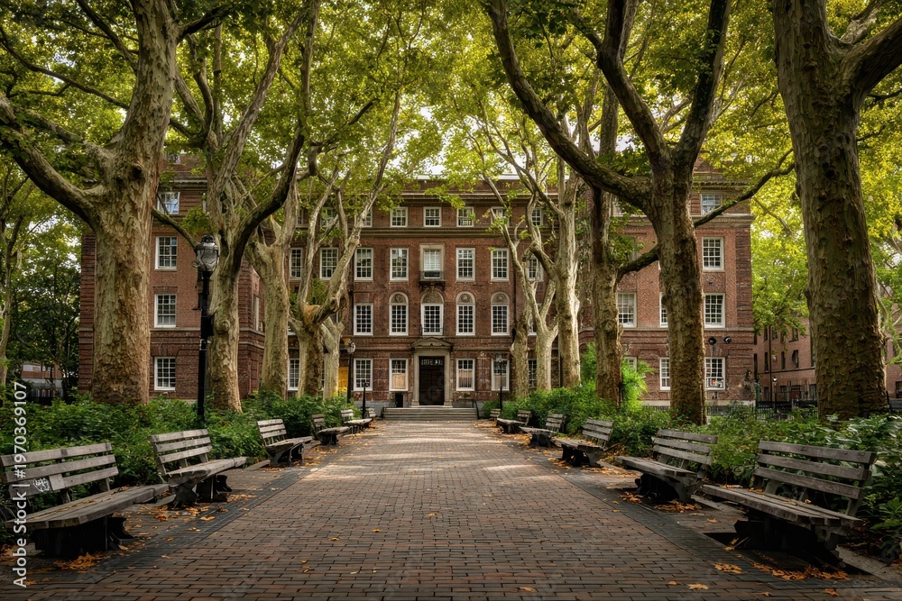 Obraz premium Brick college campus building bathed in warm sunlight among tree-lined grounds