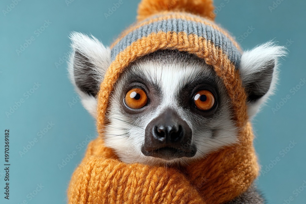 Fototapeta premium Lemur wears orange hat and scarf against blue background