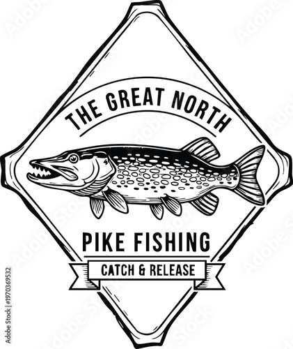 The great north pike fishing catch and release badge vector