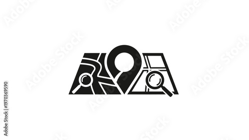 Stylized map with location pin and two magnifying glasses