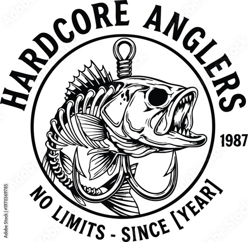 Hardcore anglers no limits fishing hook badge vector