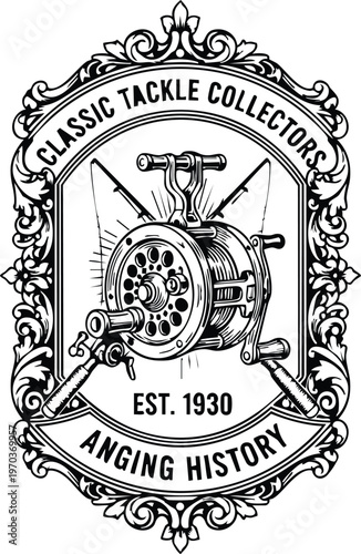 Classic tackle collectors ornate reel emblem vector