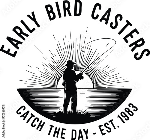 Early bird casters sunrise fishing vintage logo vector