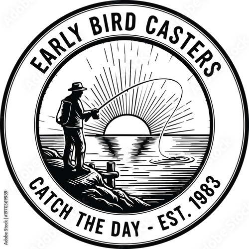 Early bird casters catch the day fishing badge vector